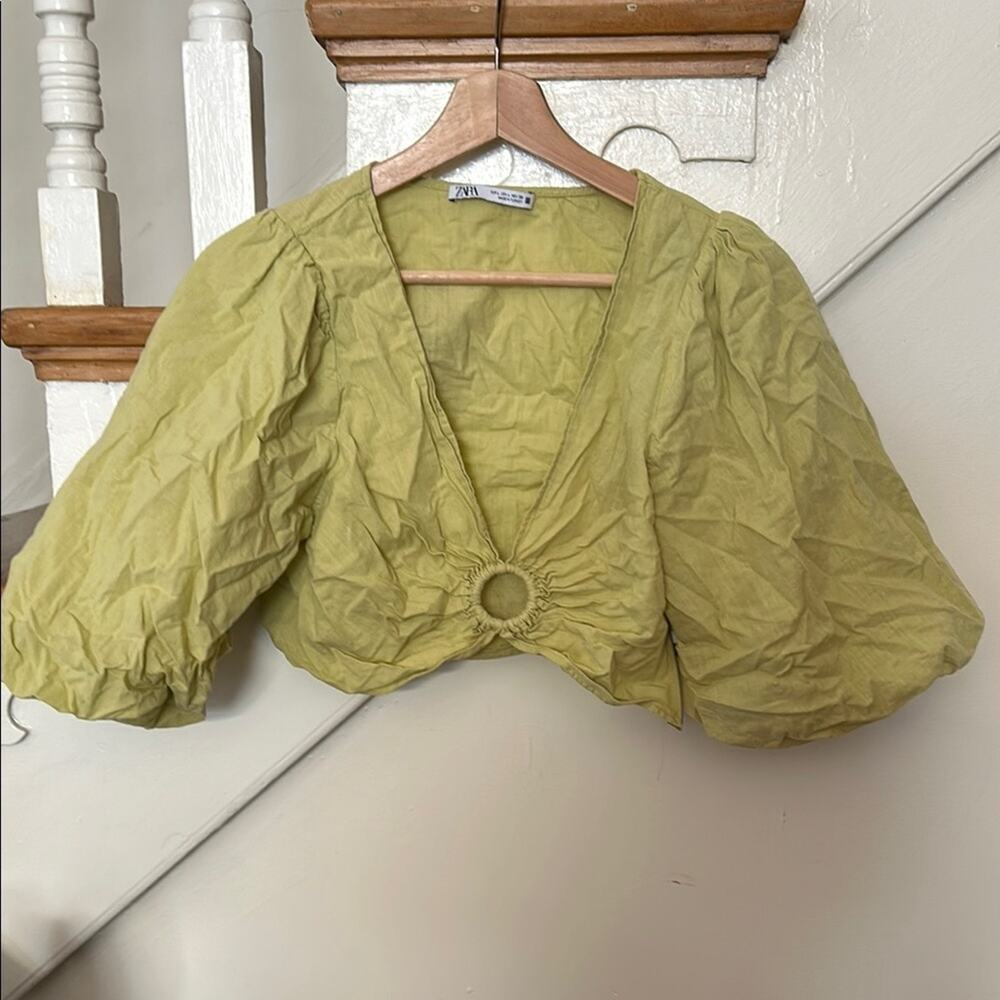 Zara Womens Puff Sleeve Crop Top Ring Detail Light Green Cotton Blouse Size L
